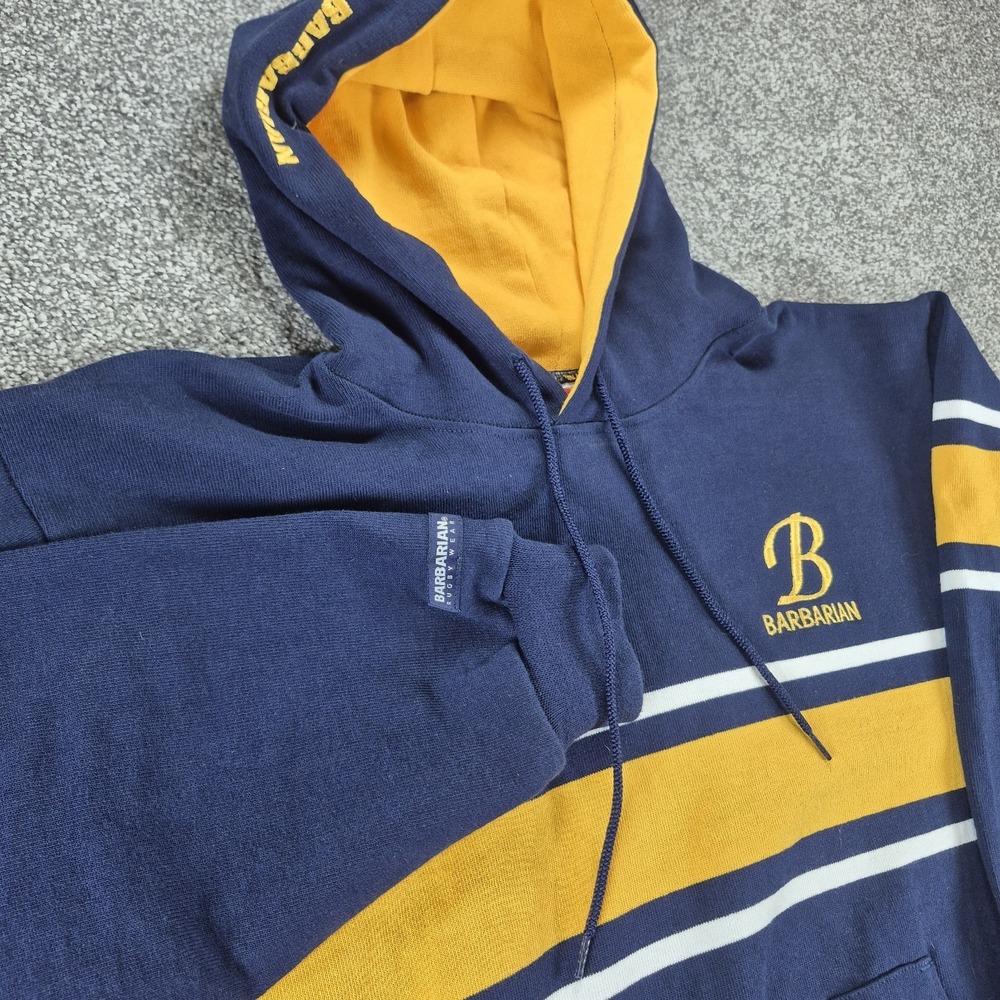 Barbarian Rugby Wear Hoodie Mens Large Blue Yellow Striped Pullover